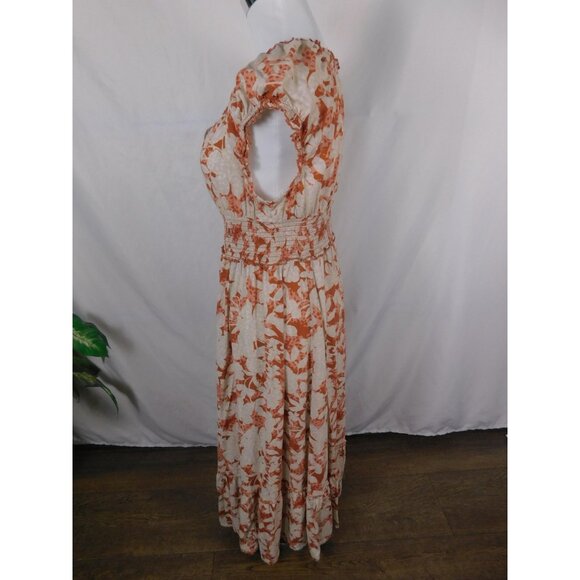 Old Navy Dress Womens Medium Orange Floral Maxi Boho Smocked Waist Cap Sleeve - Picture 4 of 12